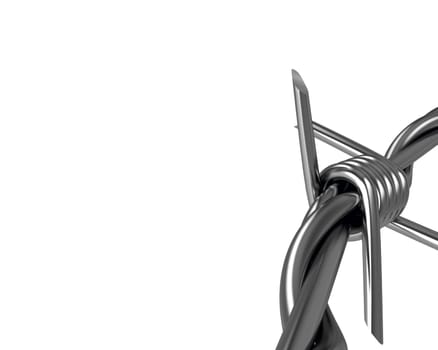 Barbed wire spike closeup, corner version isolated on white background