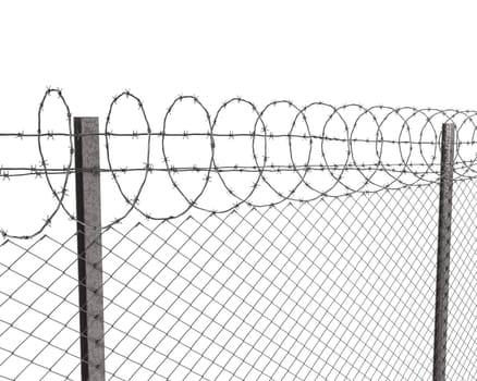 Chainlink fence with barbed wire on top  isolated on white background