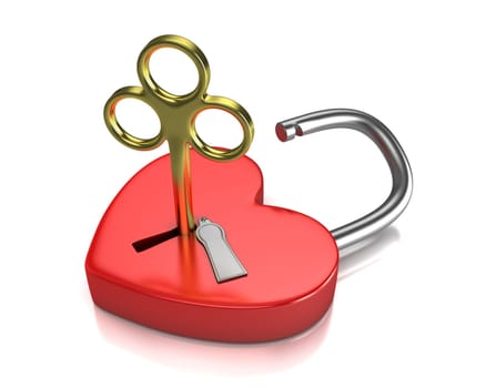 Opened red lock formed as heart with a golden key in a keyhole isolated on white background