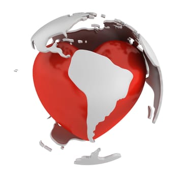 Globe with heart, South America part isolated on white background