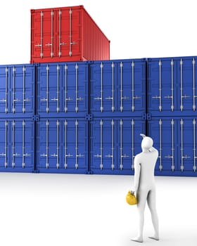 Man tries to find his container, isolated on white background