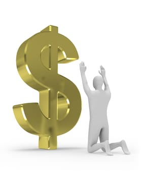 3D man worships big dollar sign isolated on white