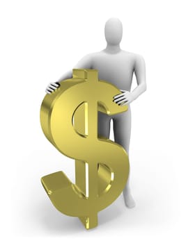 3d man embraces dollar figure isolated on white background