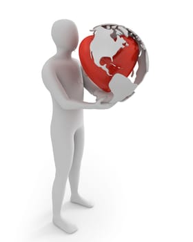 White man holds globe with heart, America part isolated on white