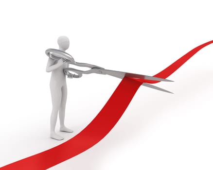 3D white man cuts ribbon with large scissors isolated on white