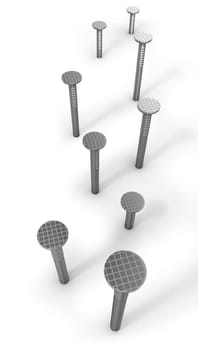 Path of hammered nails isolated on white background