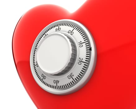 Red heart with a numeric safe lock closeup isolated on white background