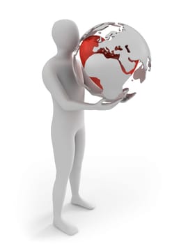 White man holds globe with heart, Europe part, isolated on white