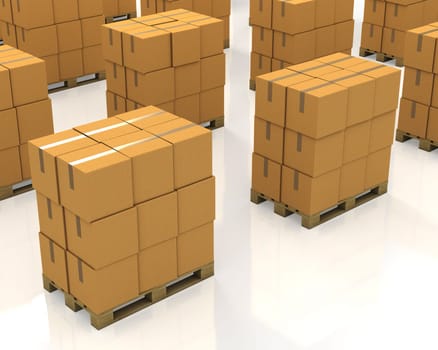 A lot of stacks of carton boxes on a pallets isolated on white background