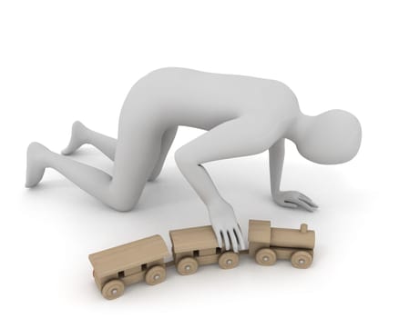 3D white man plays with wooden train, isolated on white
