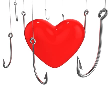 Many hooks trying to catch red heart isolated on white background