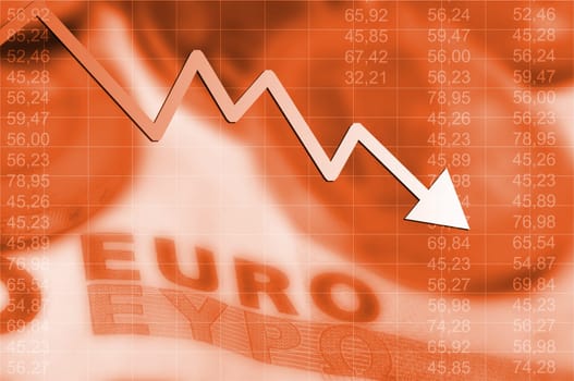 arrow graph going down and euro currency in background
