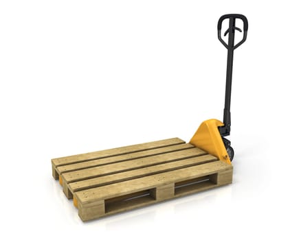 Pallet truck with empty pallet in perspective, isolated on white background