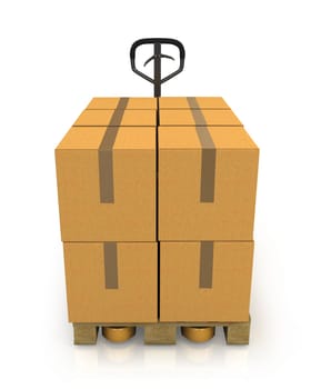 Stack of carton boxes on a pallet with a pallet truck front view isolated on white background