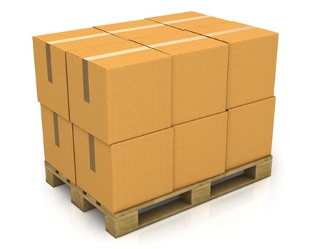 Stack of carton boxes on a pallet isolated on white background