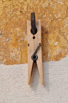 Clothespin or clothes peg spring loaded wood clamp