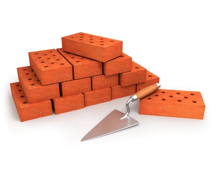 Trowel and stack of bricks isolated on white background