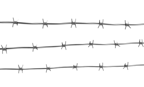 Barbed wire three lines isolated on white background