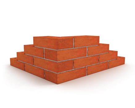 Corner of wall made from orange bricks isolated on white background