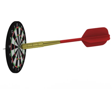 Big dart cuts through small board isolated on white background