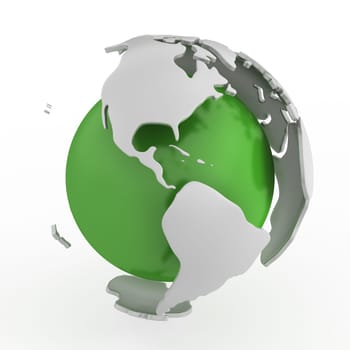 Abstract green globe, America isolated on white background