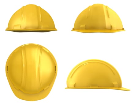 Yellow construction helmet four views isolated on white on white background