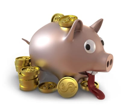 Unhappy overflown piggy bank full of coins isolated on white background