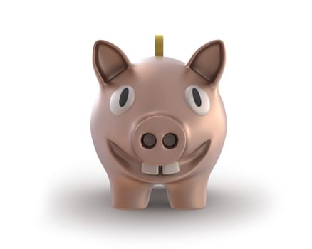 Piggy bank with a coin smiling front view isolated on white background