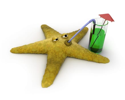 Starfish drinks juice isolated on white background
