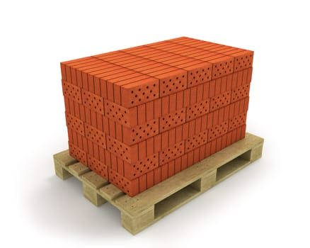 Stack of orange bricks on pallet, isolated on white background, diagonal view