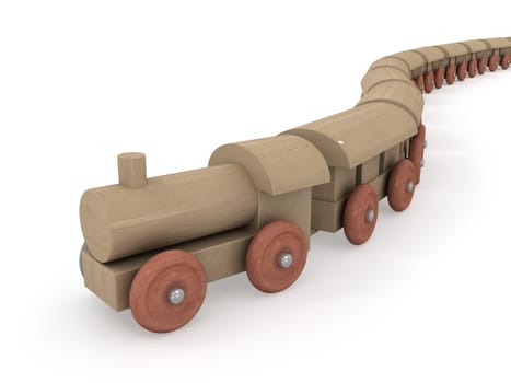 Arrival of wooden locomotive isolated on white background