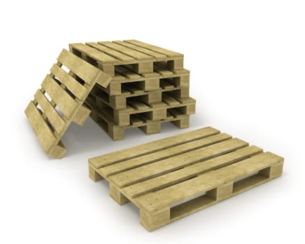 Wooden pallet and stack of pallets isolated on white background
