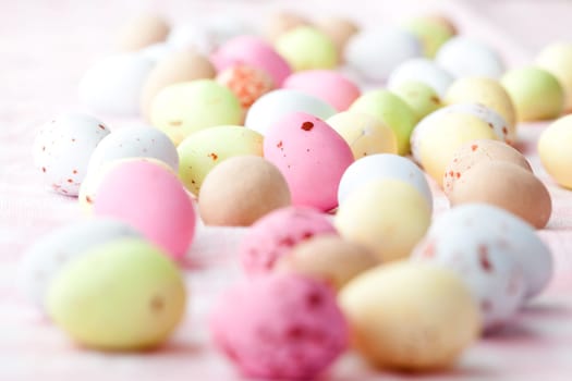 Close-up of pastel colored chocolate Easter egg candy