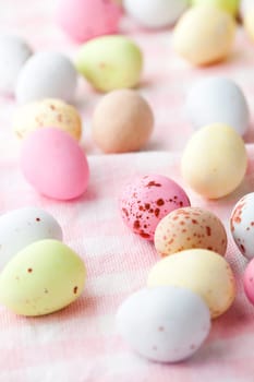 Close-up of pastel colored chocolate Easter egg candy