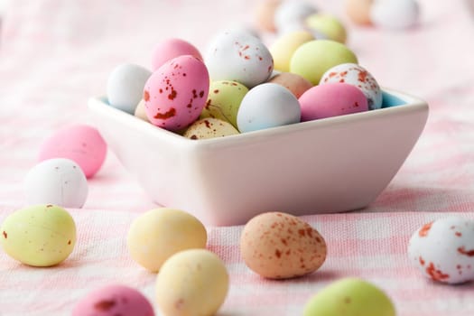 Close-up of pastel colored chocolate Easter egg candy