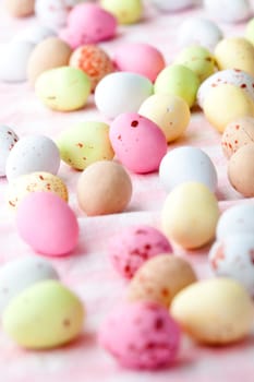 Close-up of pastel colored chocolate Easter egg candy