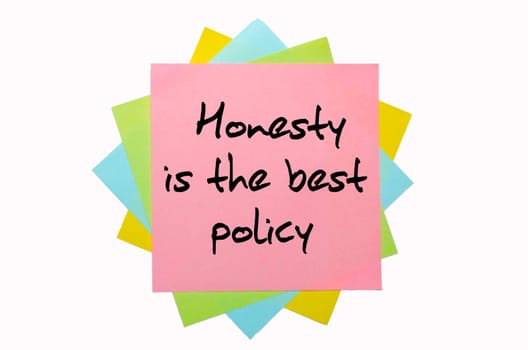 text "  Honesty is the best policy "" written by hand font on bunch of colored sticky notes"