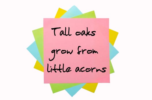 text " Tall oaks grow from little acorns "" written by hand font on bunch of colored sticky notes"