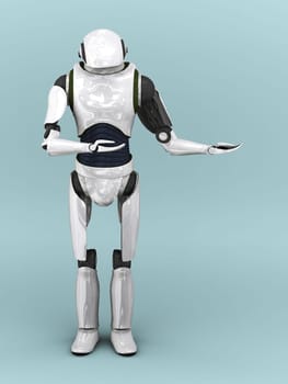 An artificial robot holding his arms like he is presenting something.