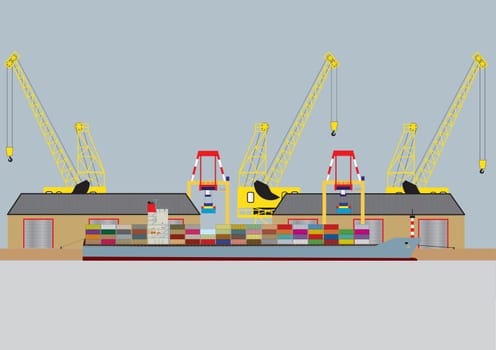 A vector image of a  Container Ship unloading in Harbour with Warehouses and Dock Cranes