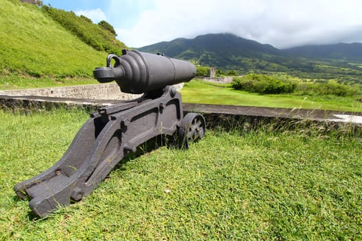 A cannon at Brimstone Hill Fortress National Park on Saint Kitts.