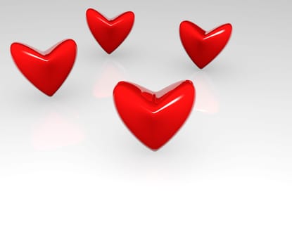 Four shiny hearts,3d illustration