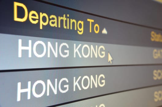Computer screen closeup of Hong Kong flight status
