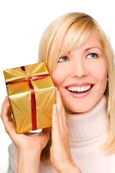 beautiful blond girl with golden present close up