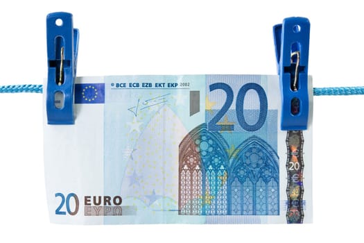 twenty euro  hung on a washing line, symbolising money laundering