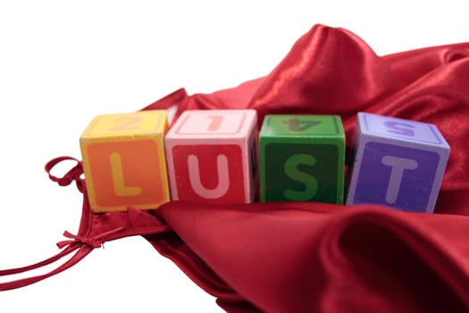 lust written with blocks on a silk nightie against white background
