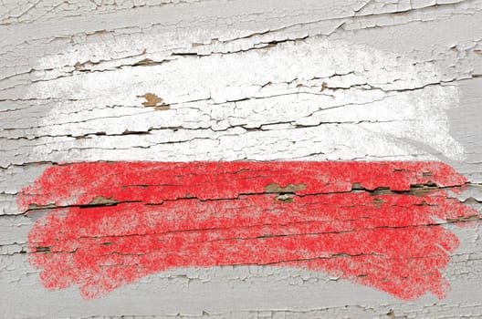 Chalky polish flag painted with color chalk on grunge wooden texture