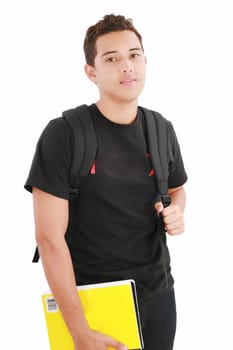 attractive boy student standing with school backpack a over white background