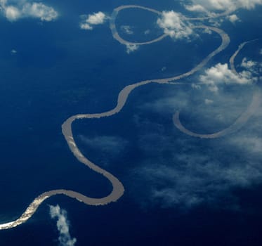 Areal view of rainforest and amazon river in Colombia Brasil border region