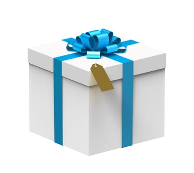 White gift box with blue ribbon isolated on white background
